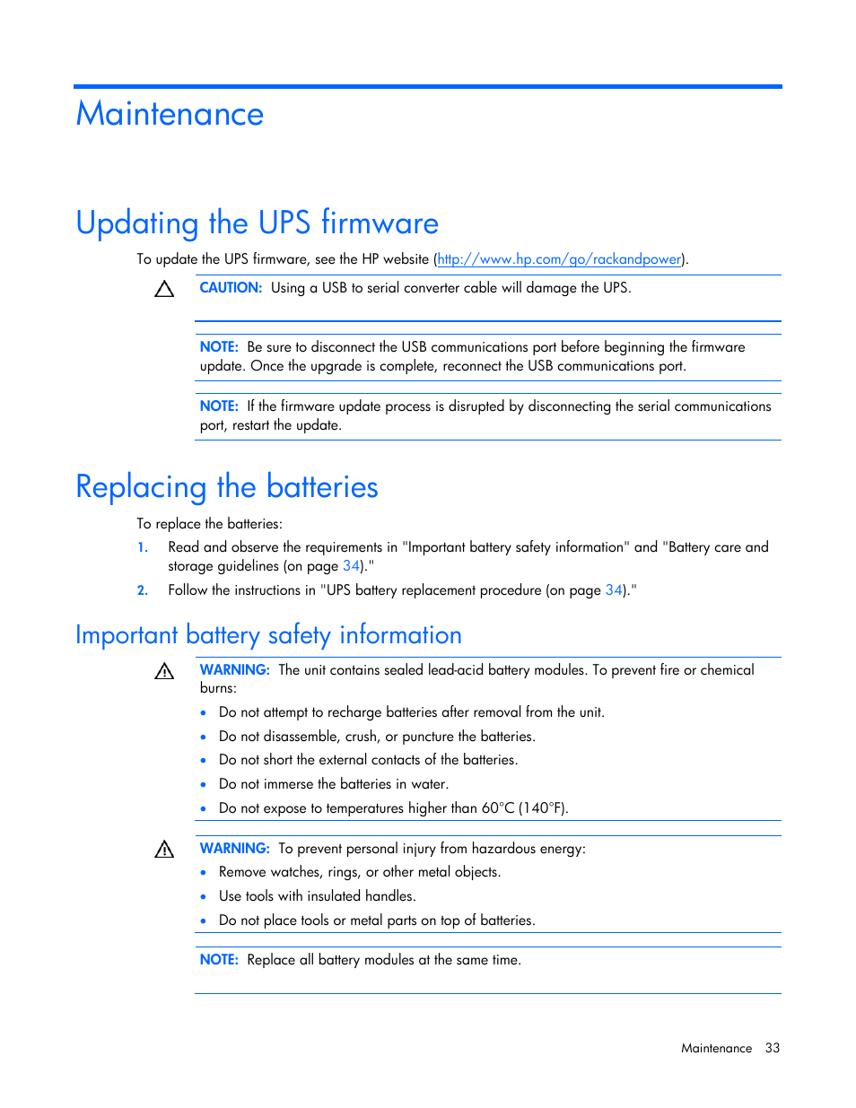 Maintenance, Updating the ups firmware, Replacing the batteries | Important battery safety information | HP T2200 User Manual | Page 33 / 55