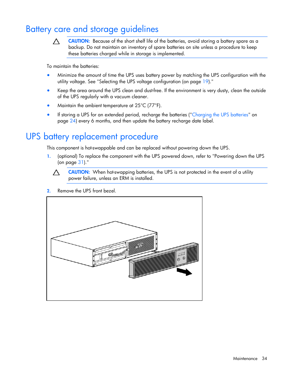 Battery care and storage guidelines, Ups battery replacement procedure | HP T2200 User Manual | Page 34 / 55