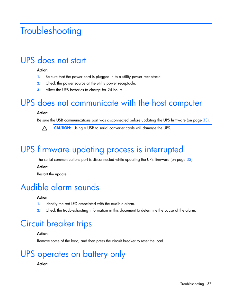 Troubleshooting, Ups does not start, Ups does not communicate with the host computer | Ups firmware updating process is interrupted, Audible alarm sounds, Circuit breaker trips, Ups operates on battery only | HP T2200 User Manual | Page 37 / 55