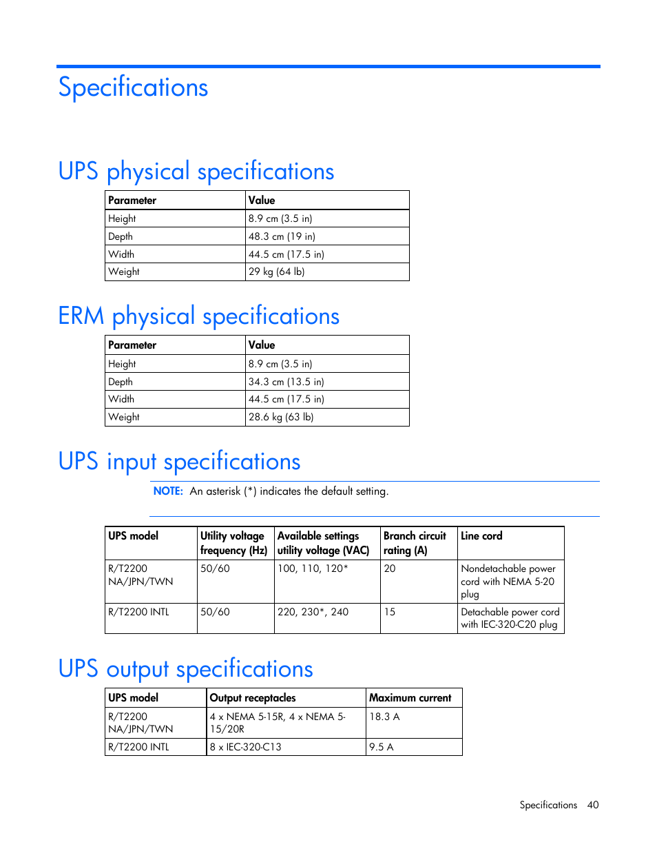 Specifications, Ups physical specifications, Erm physical specifications | Ups input specifications, Ups output specifications | HP T2200 User Manual | Page 40 / 55