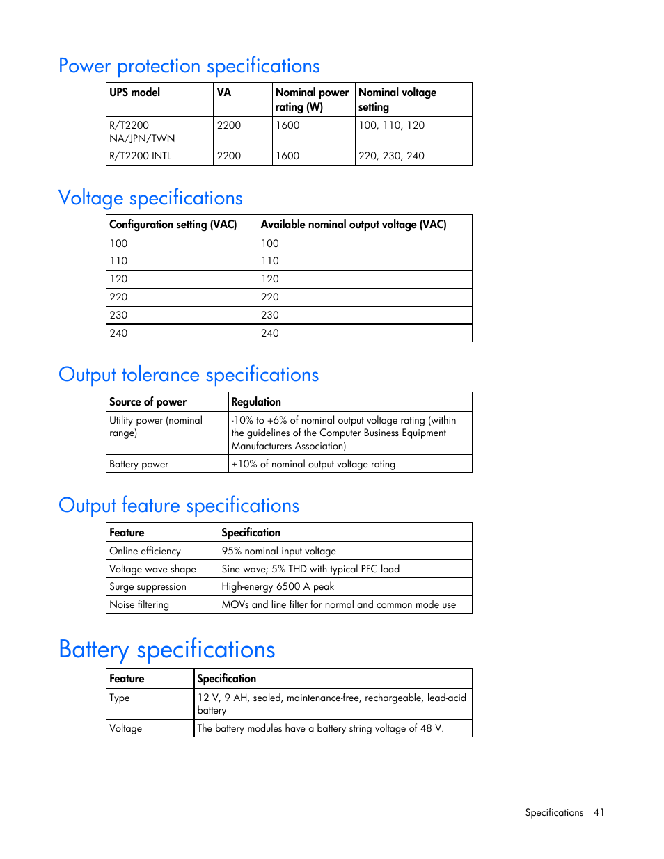 Power protection specifications, Voltage specifications, Output tolerance specifications | Output feature specifications, Battery specifications | HP T2200 User Manual | Page 41 / 55