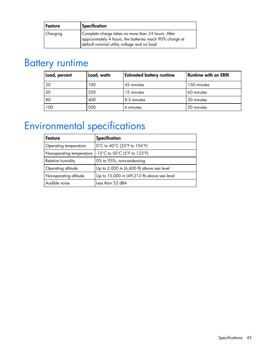 Battery runtime, Environmental specifications | HP T2200 User Manual | Page 42 / 55