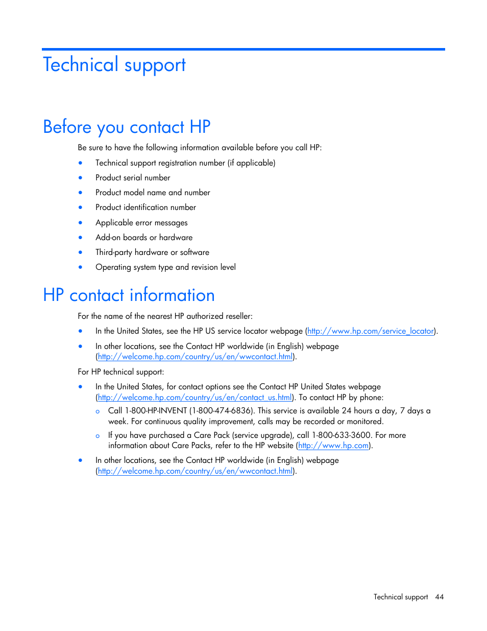 Technical support, Before you contact hp, Hp contact information | HP T2200 User Manual | Page 44 / 55