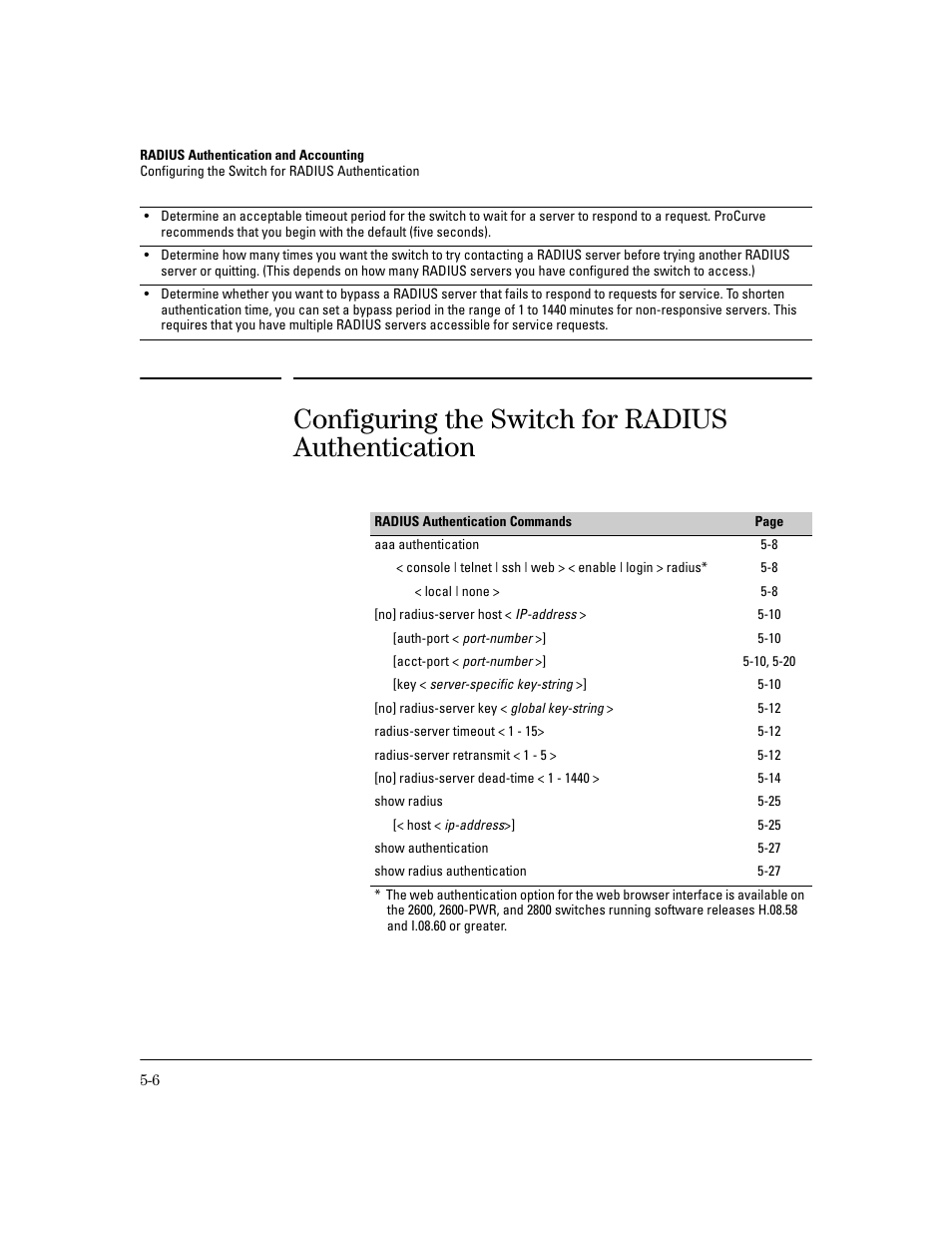 Configuring the switch for radius authentication | HP 2600 Series User Manual | Page 106 / 306