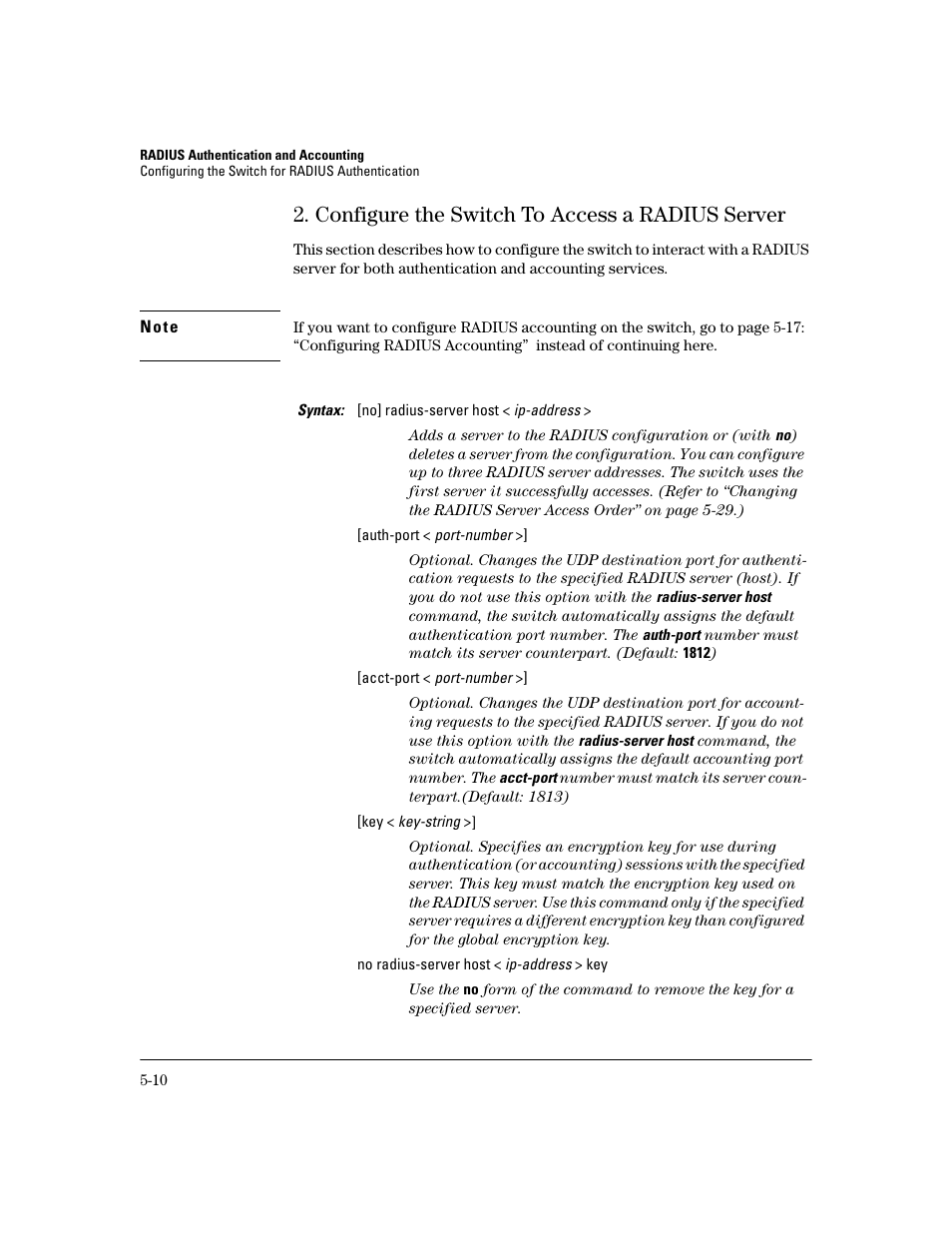 Configure the switch to access a radius server, Configure the switch to access a radius server -10 | HP 2600 Series User Manual | Page 110 / 306