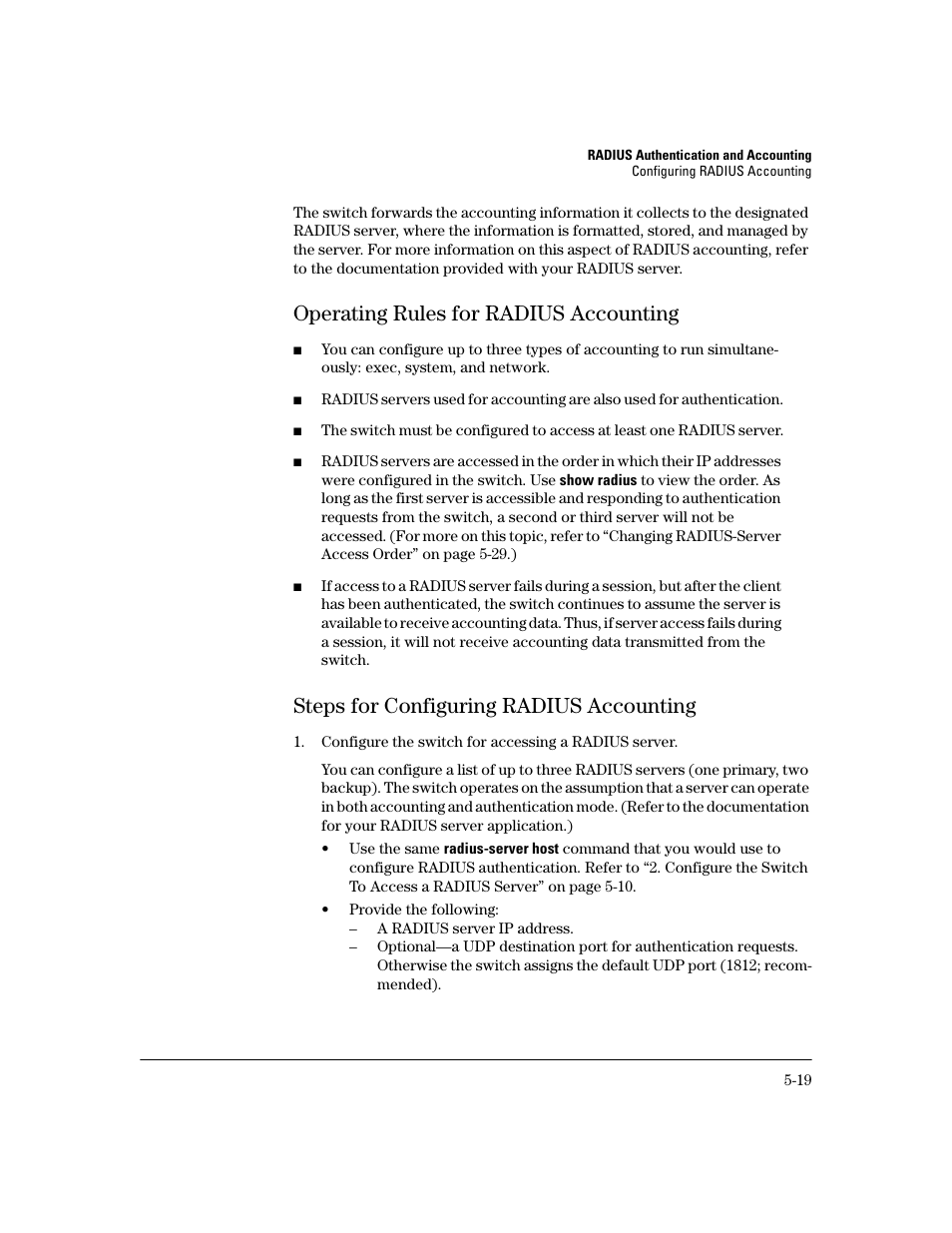 Operating rules for radius accounting, Steps for configuring radius accounting, Operating rules for radius accounting -19 | Steps for configuring radius accounting -19 | HP 2600 Series User Manual | Page 119 / 306