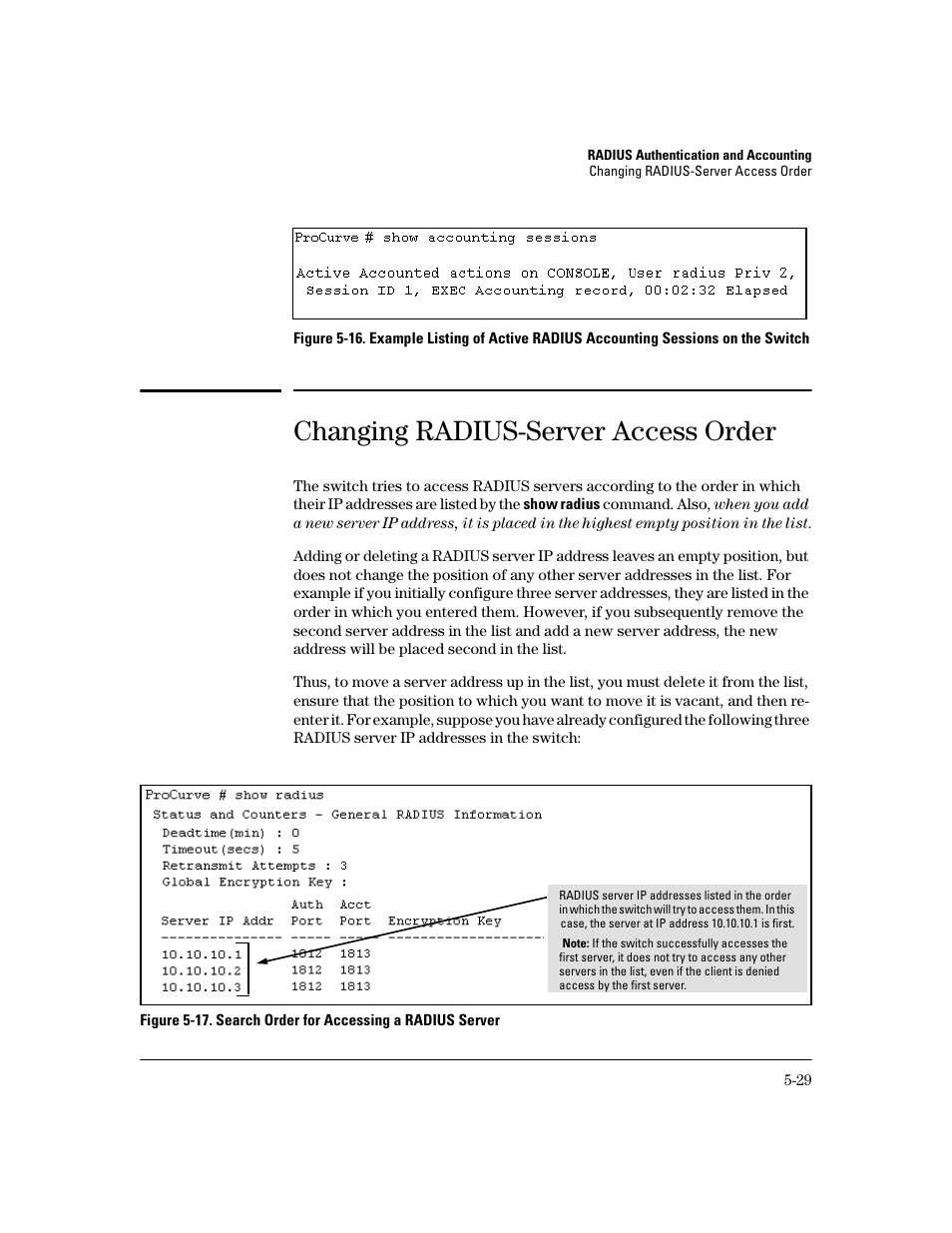 Changing radius-server access order, Changing radius-server access order -29 | HP 2600 Series User Manual | Page 129 / 306