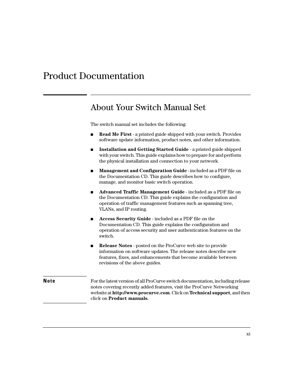 Product documentation, About your switch manual set | HP 2600 Series User Manual | Page 13 / 306