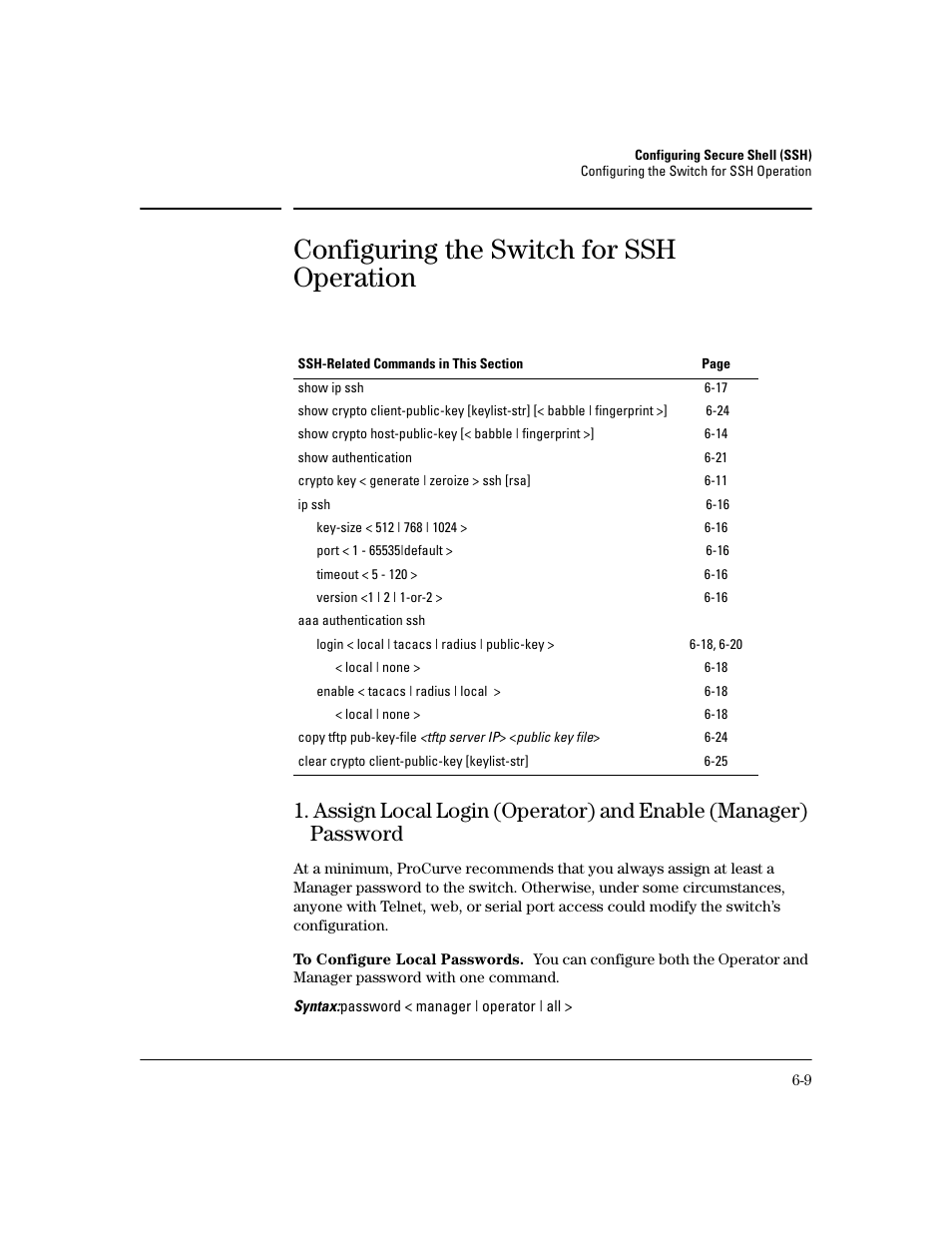 Configuring the switch for ssh operation, Configuring the switch for ssh operation -9, E 6-9 | HP 2600 Series User Manual | Page 141 / 306