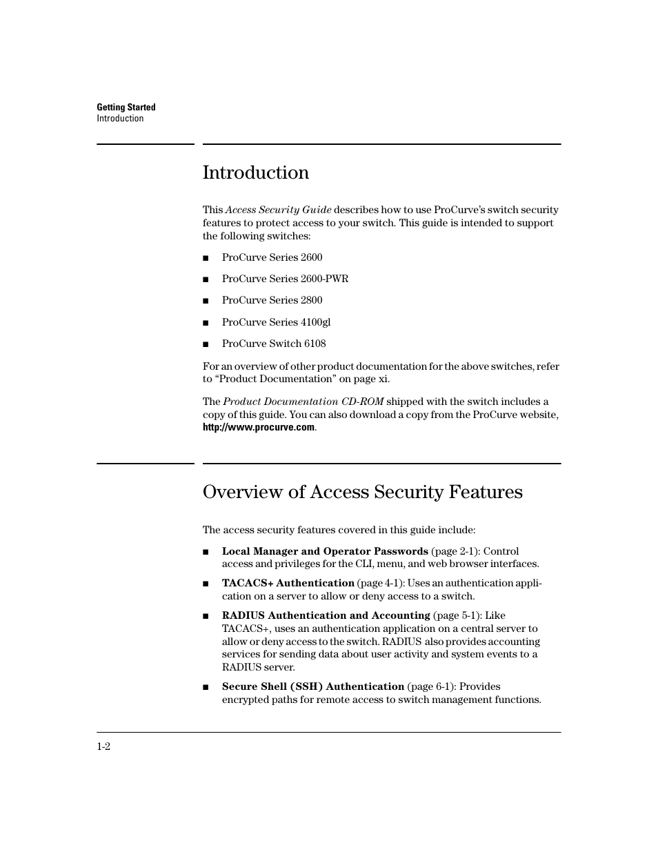 Introduction, Overview of access security features, Introduction -2 | Overview of access security features -2 | HP 2600 Series User Manual | Page 18 / 306