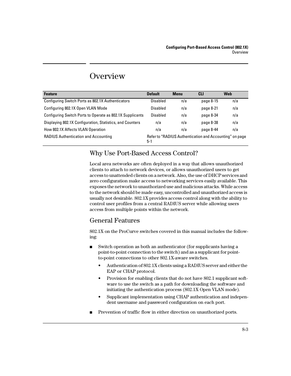 Overview, Why use port-based access control, General features | Overview -3, Why use port-based access control? -3, General features -3 | HP 2600 Series User Manual | Page 185 / 306