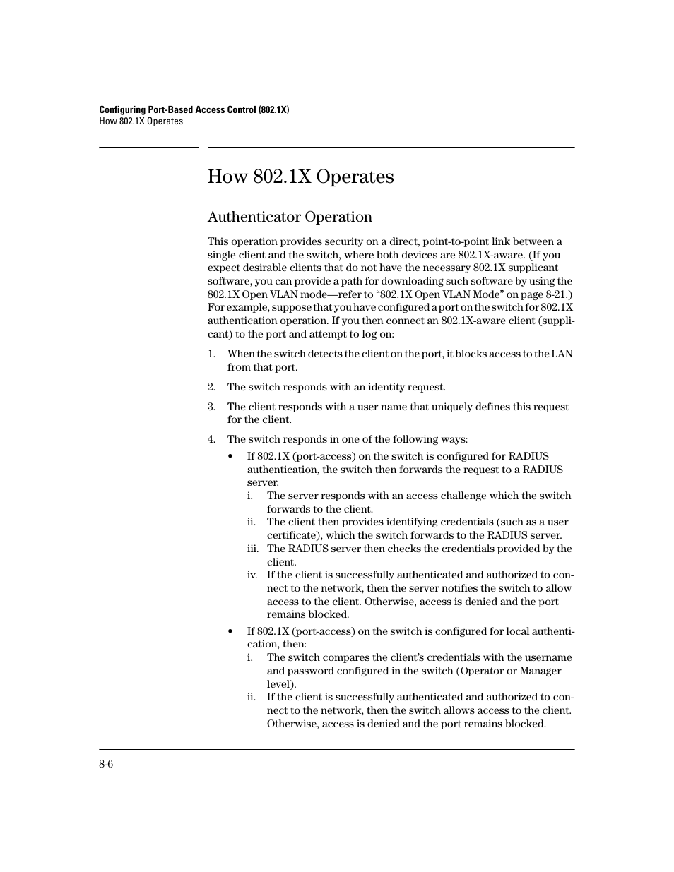 How 802.1x operates, Authenticator operation, How 802.1x operates -6 | Authenticator operation -6 | HP 2600 Series User Manual | Page 188 / 306