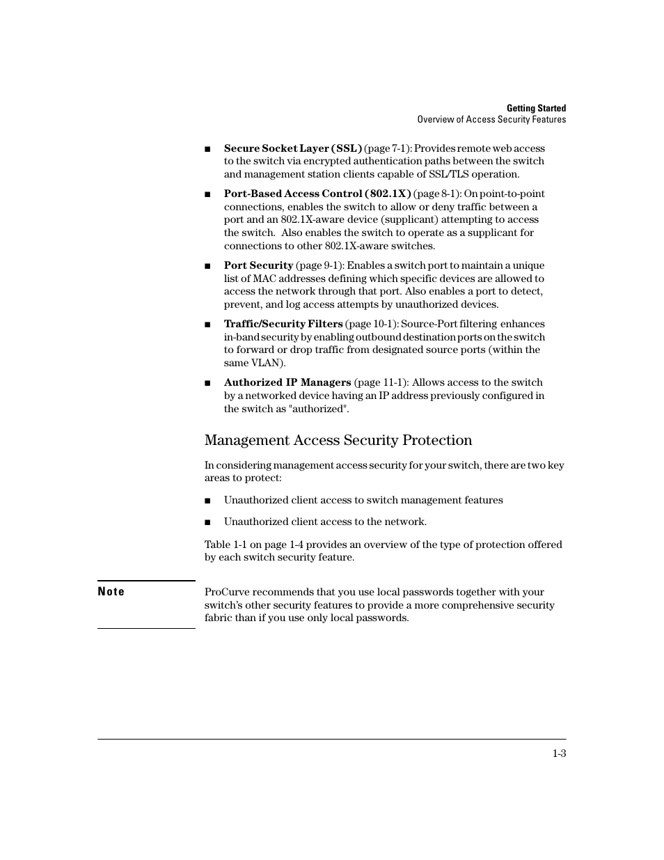 Management access security protection, Management access security protection -3 | HP 2600 Series User Manual | Page 19 / 306