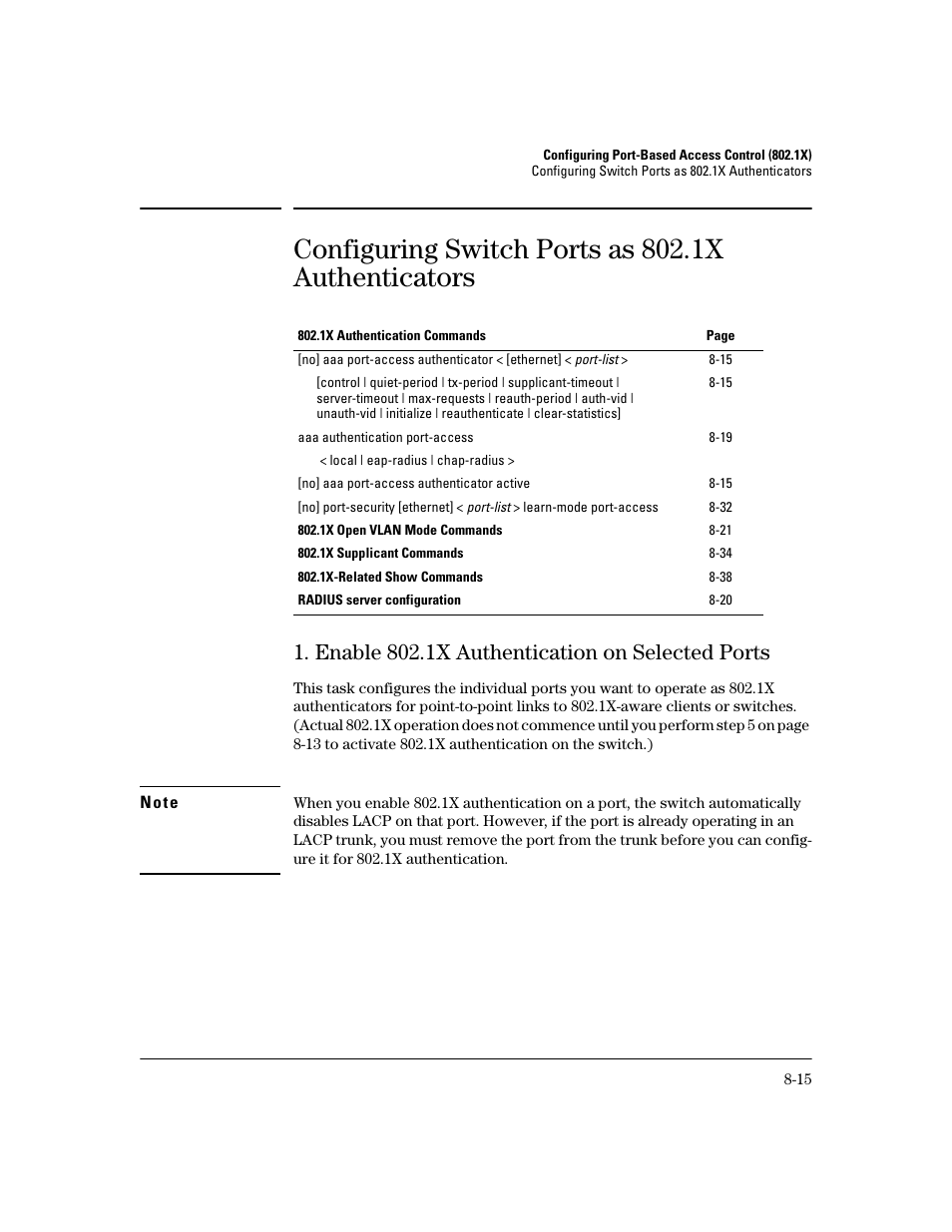 Configuring switch ports as 802.1x authenticators, Enable 802.1x authentication on selected ports, Enable 802.1x authentication on selected ports -15 | Ge 8-15 | HP 2600 Series User Manual | Page 197 / 306