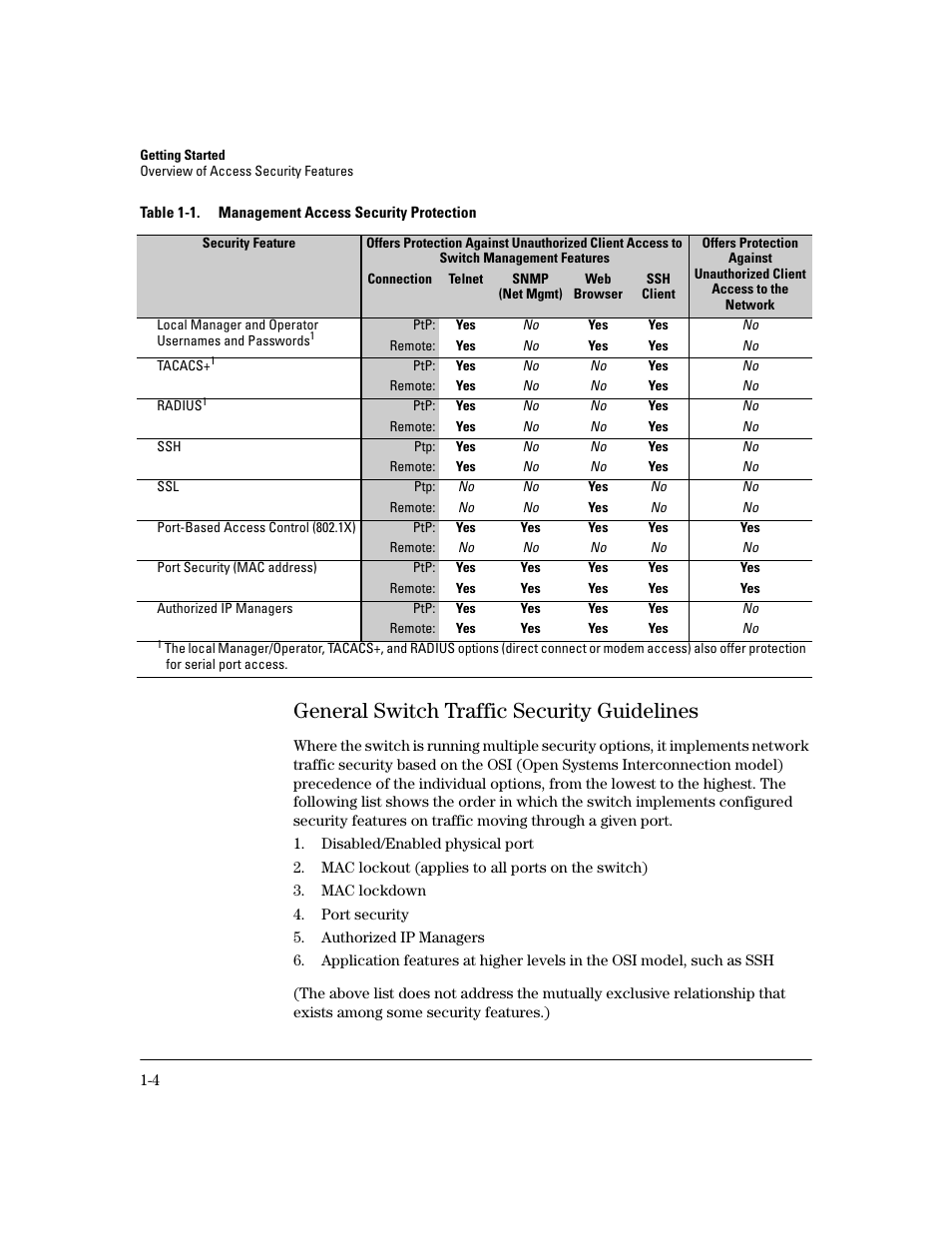 General switch traffic security guidelines, General switch traffic security guidelines -4 | HP 2600 Series User Manual | Page 20 / 306