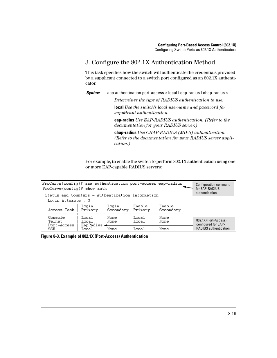 Configure the 802.1x authentication method, Configure the 802.1x authentication method -19, Ge 8-19 | HP 2600 Series User Manual | Page 201 / 306