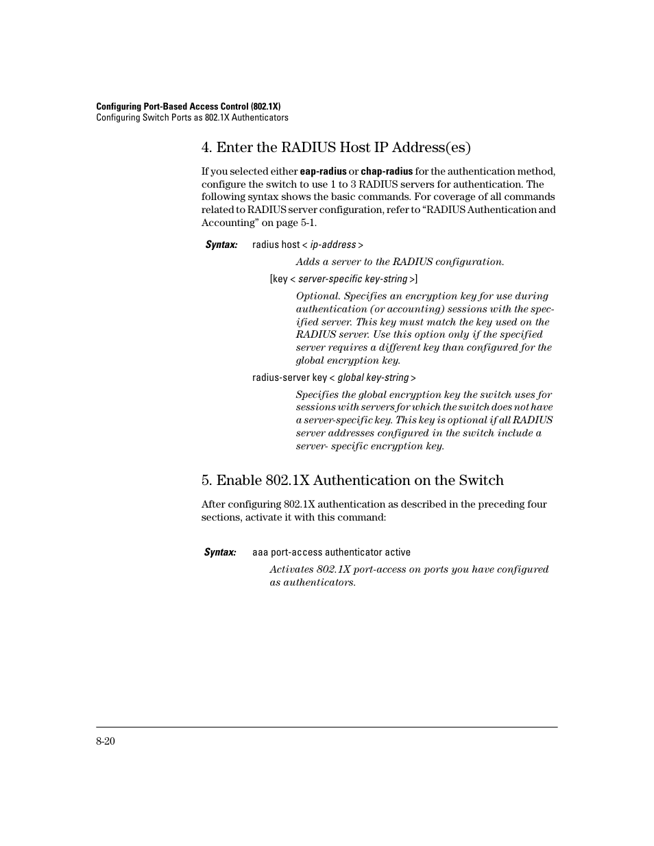 Enter the radius host ip address(es), Enable 802.1x authentication on the switch, Enter the radius host ip address(es) -20 | Enable 802.1x authentication on the switch -20 | HP 2600 Series User Manual | Page 202 / 306