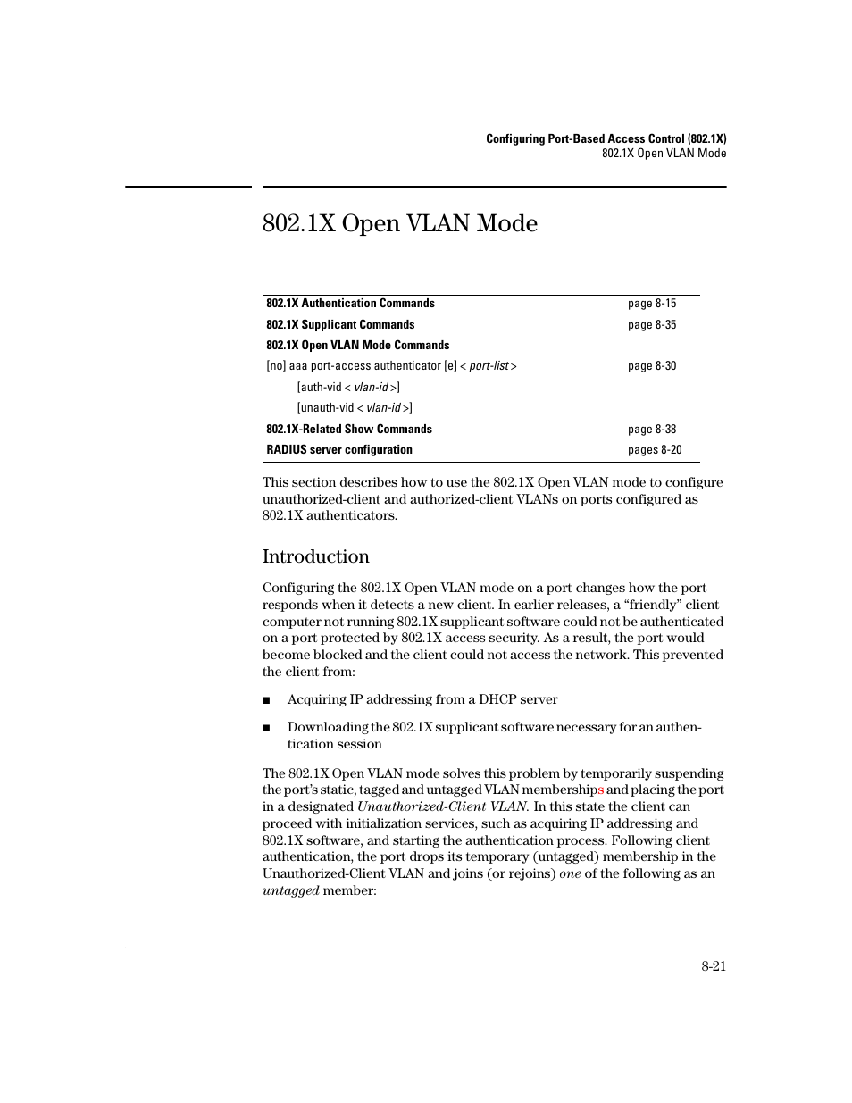 1x open vlan mode, Introduction, 1x open vlan mode -21 | Introduction -21, Ge 8-21 | HP 2600 Series User Manual | Page 203 / 306