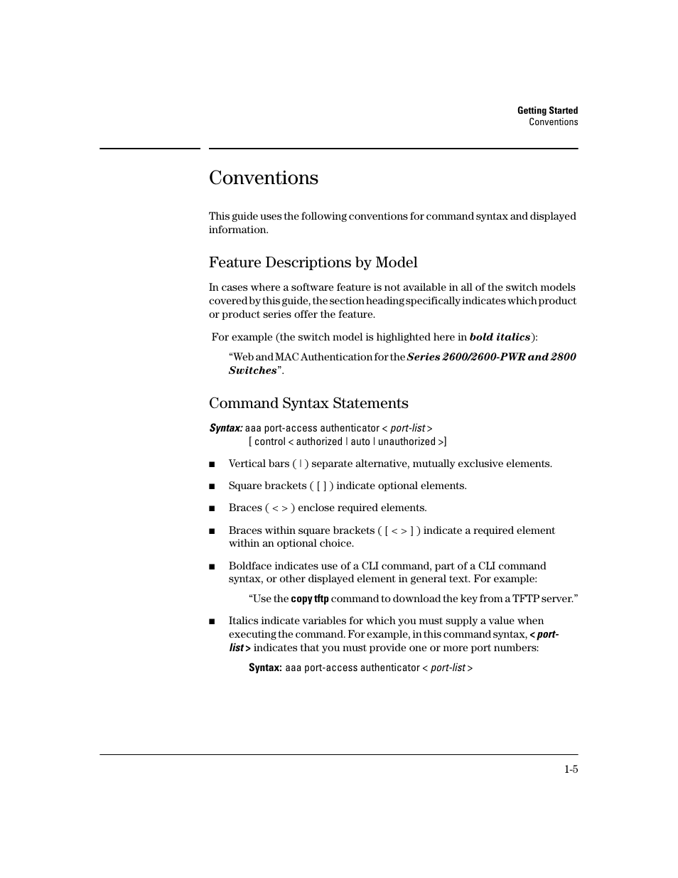 Conventions, Feature descriptions by model, Command syntax statements | Conventions -5, Feature descriptions by model -5, Command syntax statements -5 | HP 2600 Series User Manual | Page 21 / 306