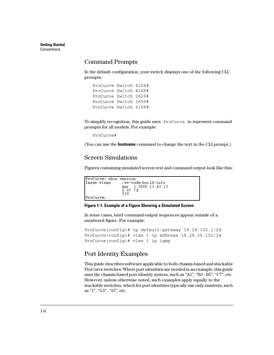 Command prompts, Screen simulations, Port identity examples | Command prompts -6, Screen simulations -6, Port identity examples -6 | HP 2600 Series User Manual | Page 22 / 306