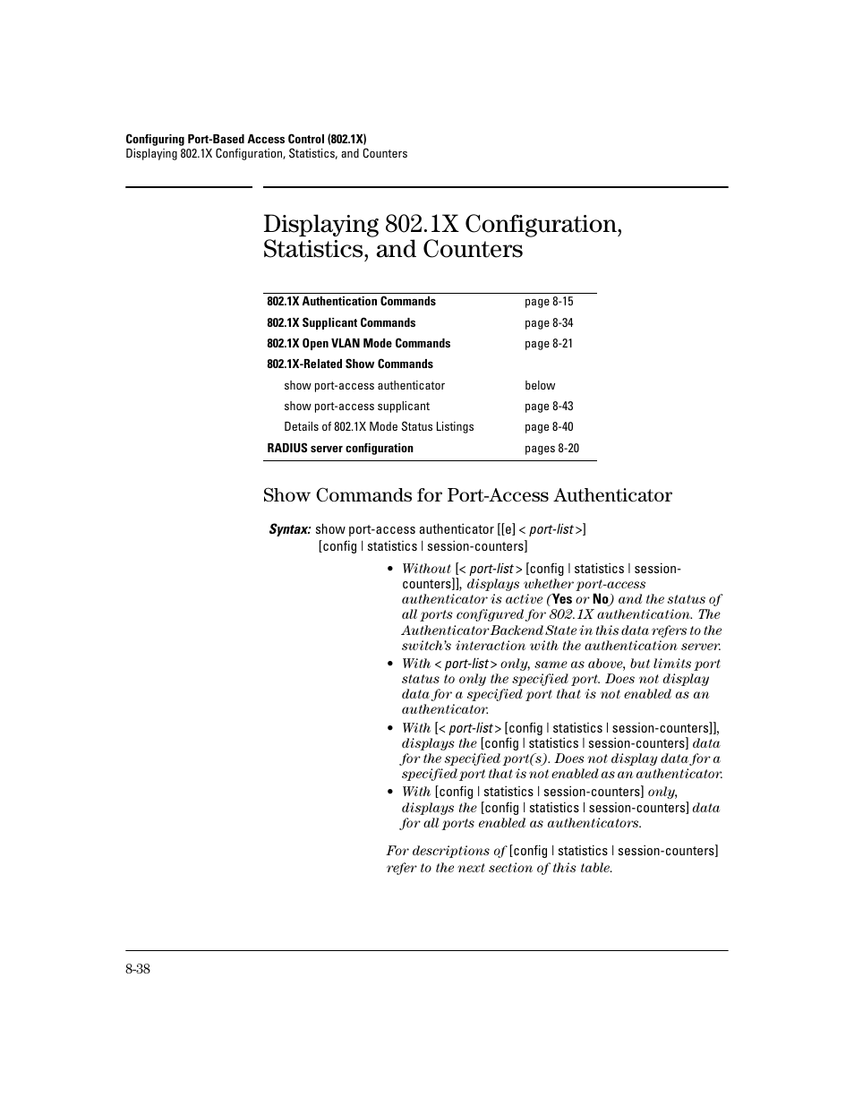 Show commands for port-access authenticator, E 8-38 | HP 2600 Series User Manual | Page 220 / 306