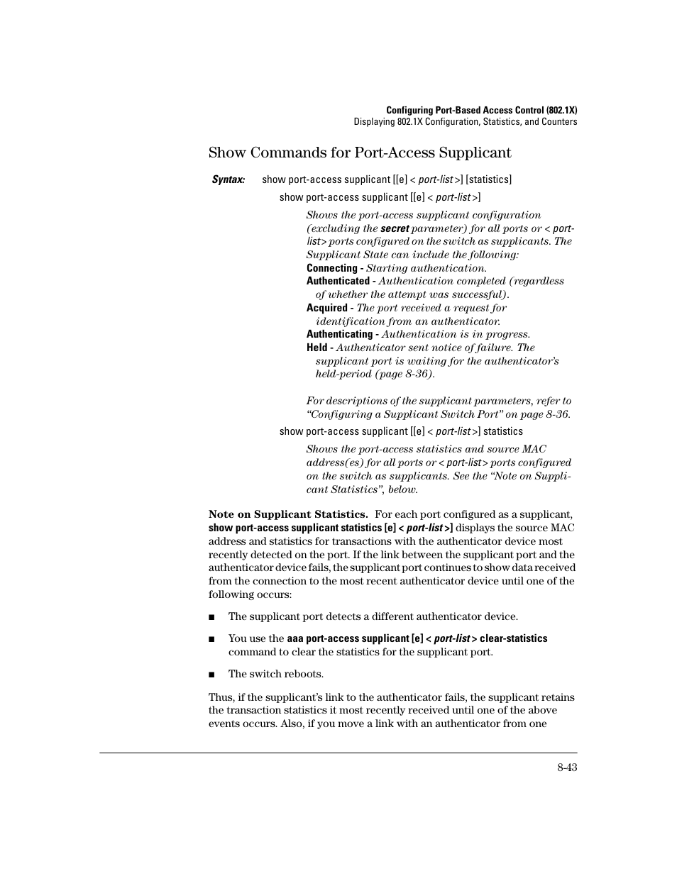 Show commands for port-access supplicant, Show commands for port-access supplicant -43 | HP 2600 Series User Manual | Page 225 / 306
