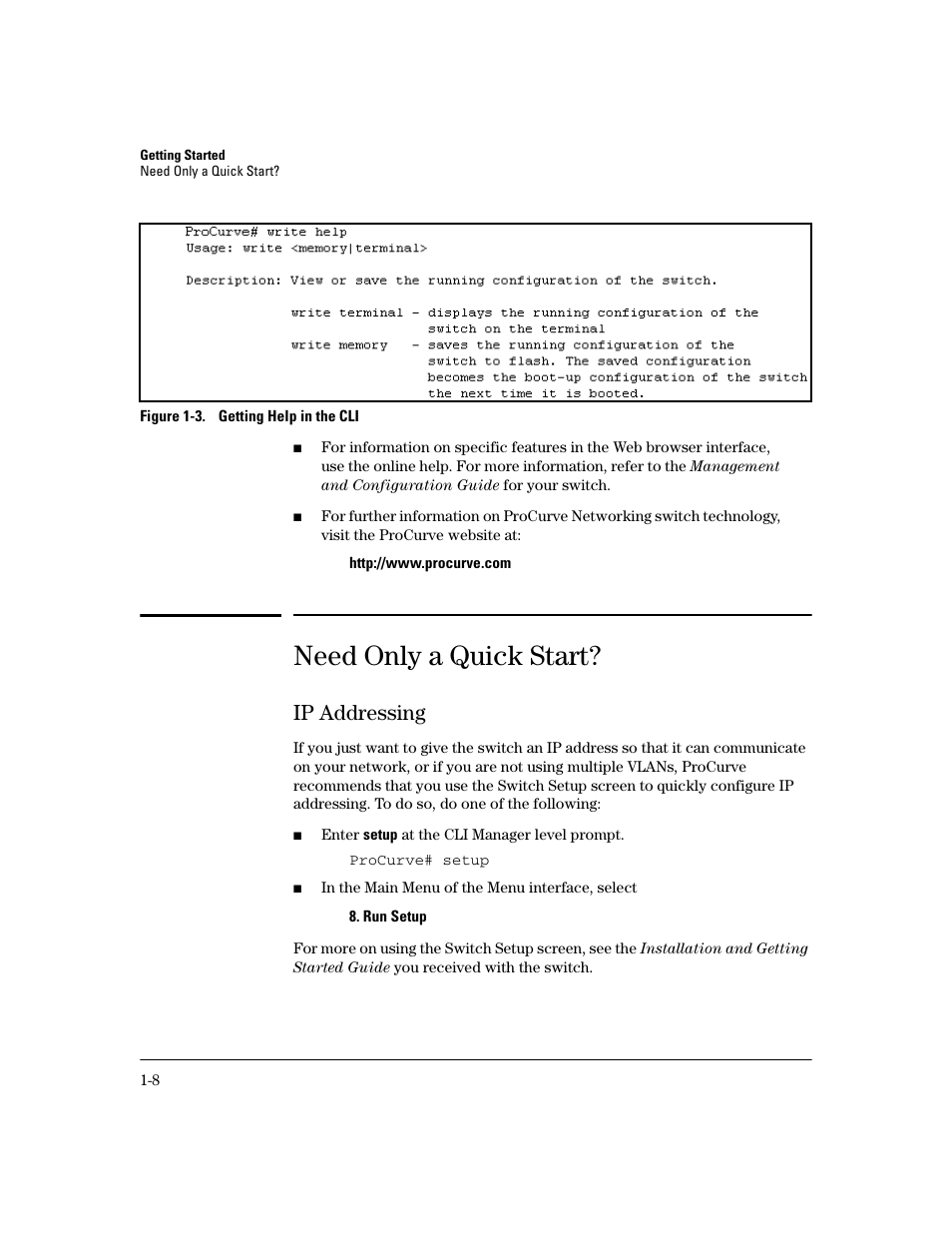 Need only a quick start, Ip addressing, Need only a quick start? -8 | Ip addressing -8 | HP 2600 Series User Manual | Page 24 / 306