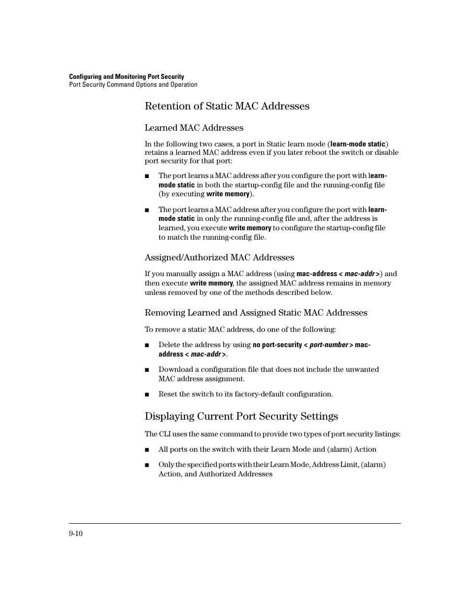 Retention of static mac addresses, Learned mac addresses, Assigned/authorized mac addresses | Removing learned and assigned static mac addresses, Displaying current port security settings, Retention of static mac addresses -10, Displaying current port security settings -10 | HP 2600 Series User Manual | Page 240 / 306