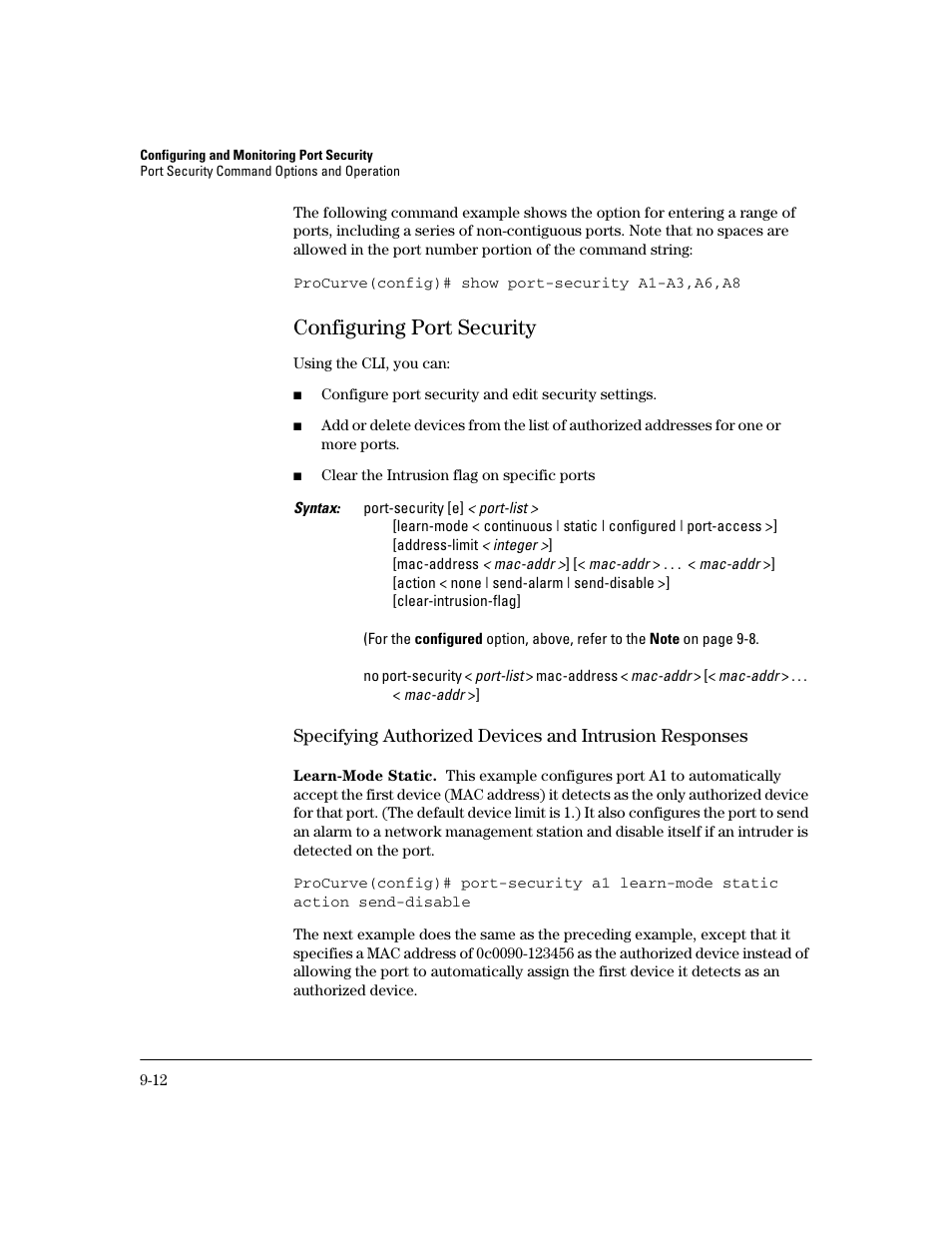 Configuring port security, Configuring port security -12, Rt-security 9-12 | HP 2600 Series User Manual | Page 242 / 306