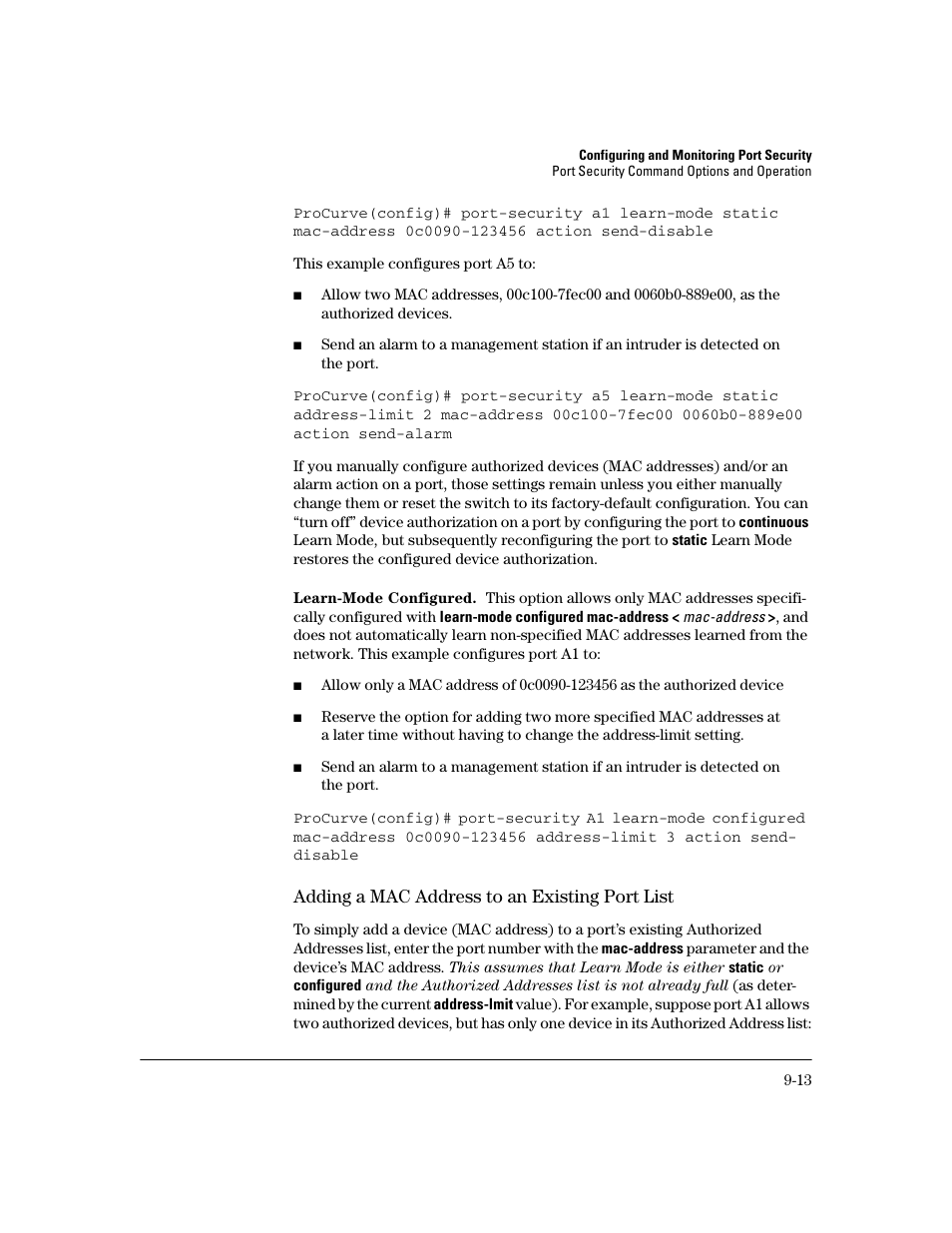 Adding a mac address to an existing port list | HP 2600 Series User Manual | Page 243 / 306