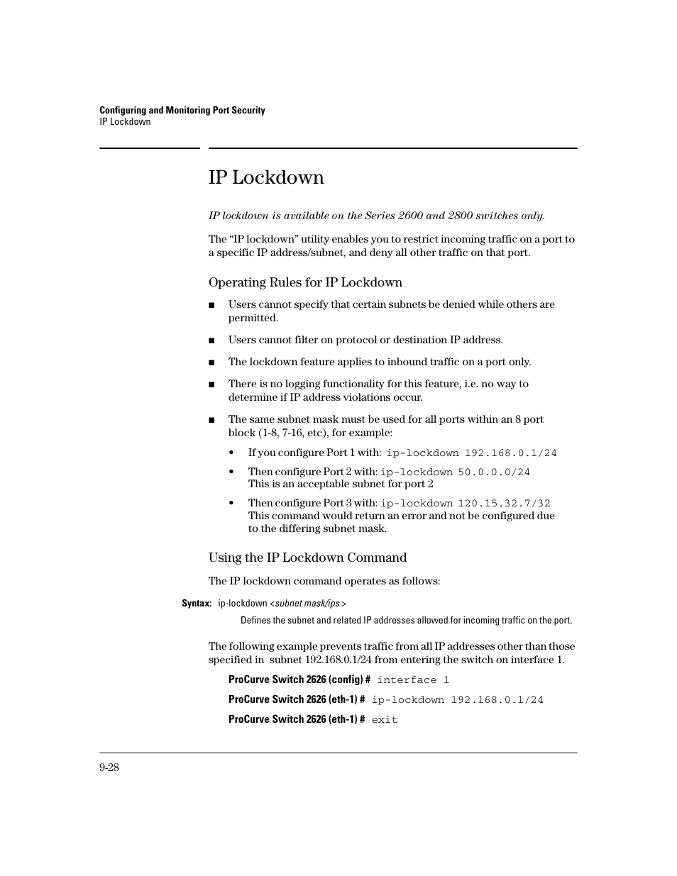 Ip lockdown, Operating rules for ip lockdown, Using the ip lockdown command | Ip lockdown -28 | HP 2600 Series User Manual | Page 258 / 306