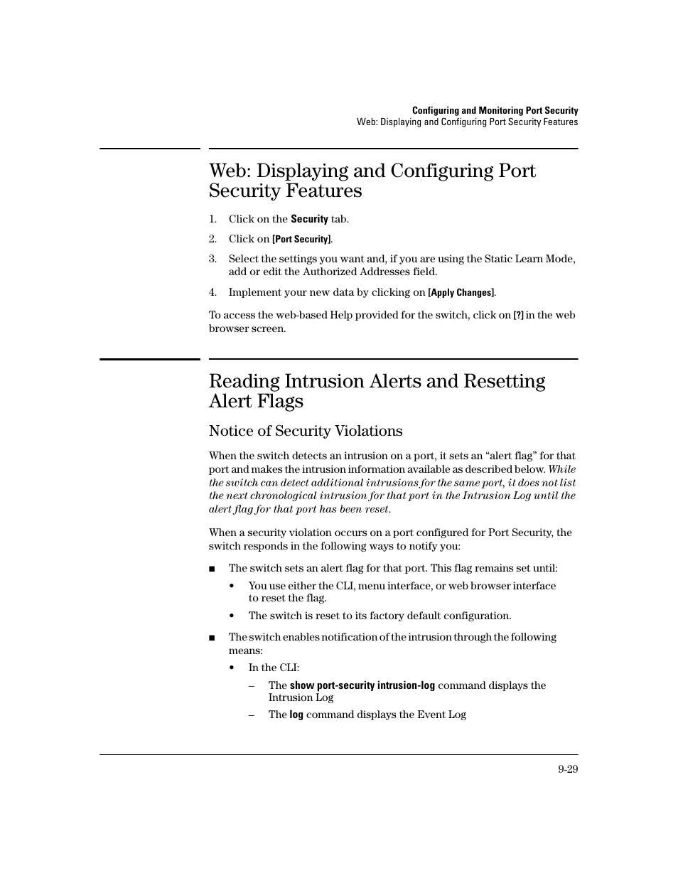 Reading intrusion alerts and resetting alert flags, Notice of security violations, Notice of security violations -29 | HP 2600 Series User Manual | Page 259 / 306