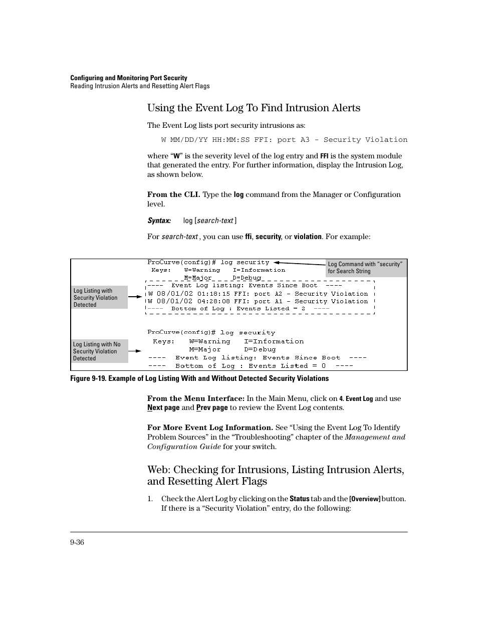 Using the event log to find intrusion alerts, Using the event log to find intrusion alerts -36 | HP 2600 Series User Manual | Page 266 / 306