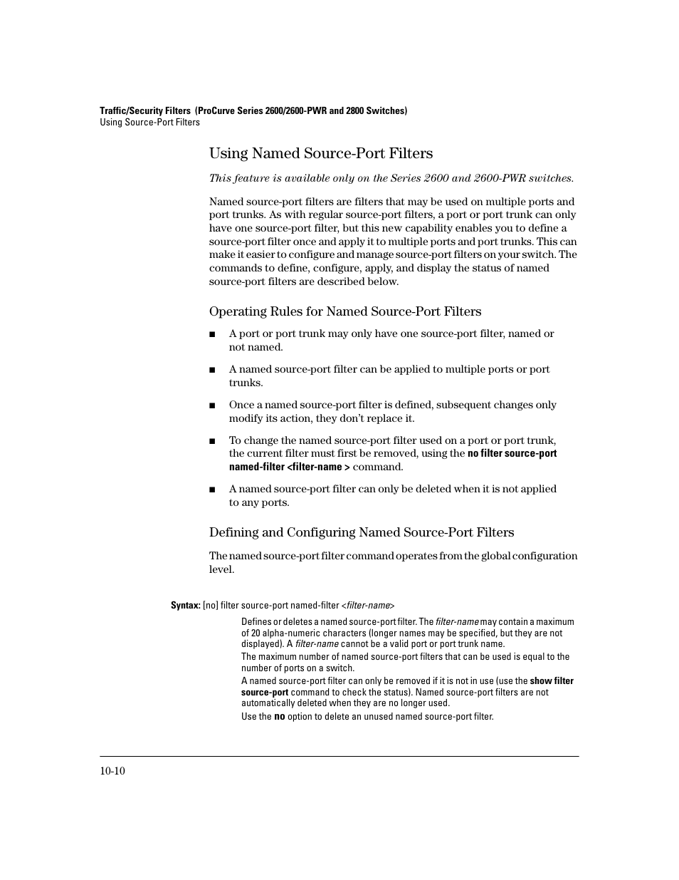 Using named source-port filters, Operating rules for named source-port filters, Defining and configuring named source-port filters | Using named source-port filters -10 | HP 2600 Series User Manual | Page 278 / 306