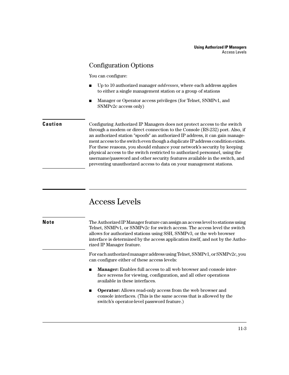 Configuration options, Access levels, Configuration options -3 | Access levels -3 | HP 2600 Series User Manual | Page 289 / 306