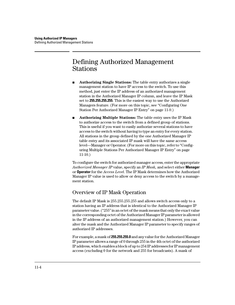 Defining authorized management stations, Overview of ip mask operation, Defining authorized management stations -4 | Overview of ip mask operation -4 | HP 2600 Series User Manual | Page 290 / 306