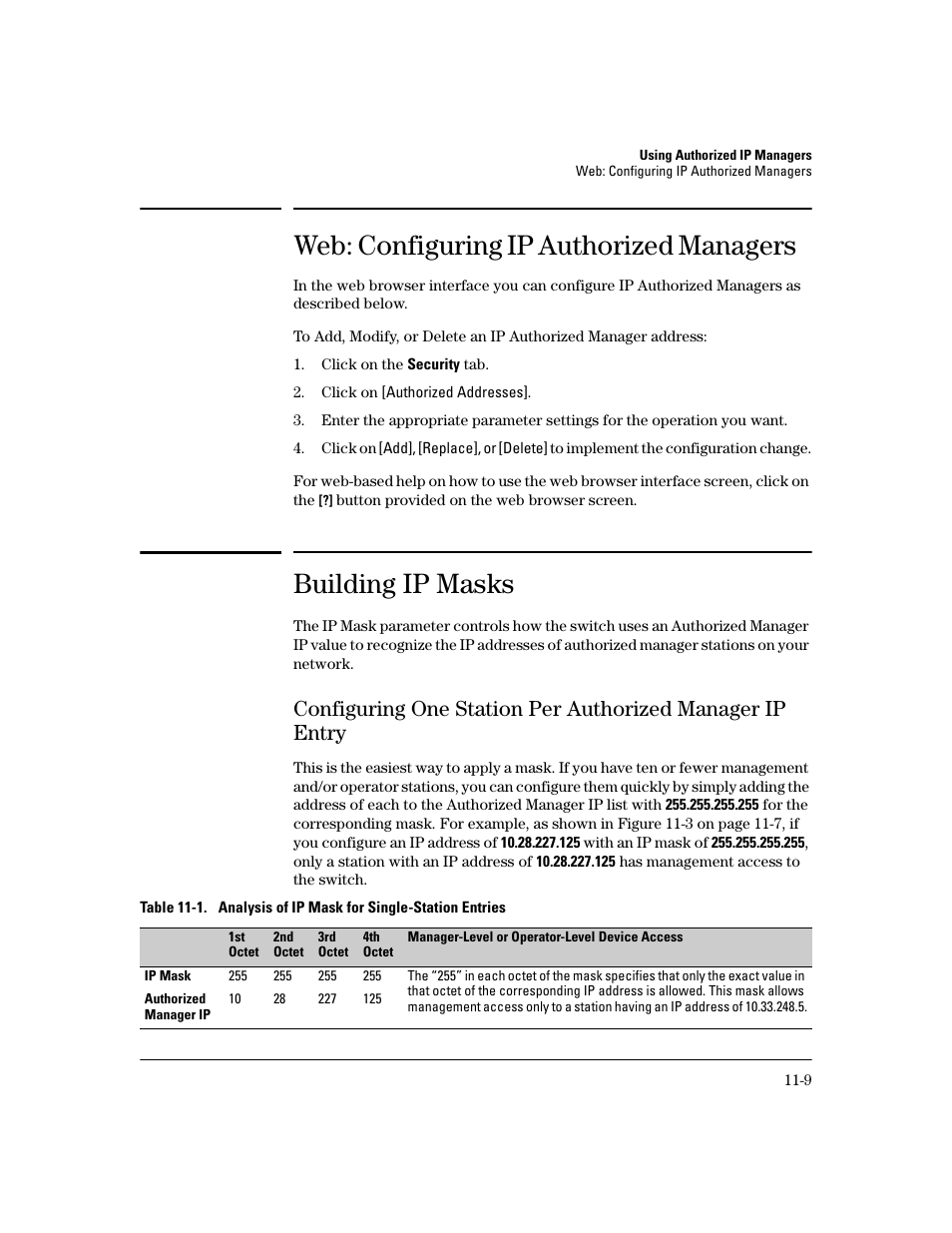 Web: configuring ip authorized managers, Building ip masks, Web: configuring ip authorized managers -9 | Building ip masks -9 | HP 2600 Series User Manual | Page 295 / 306