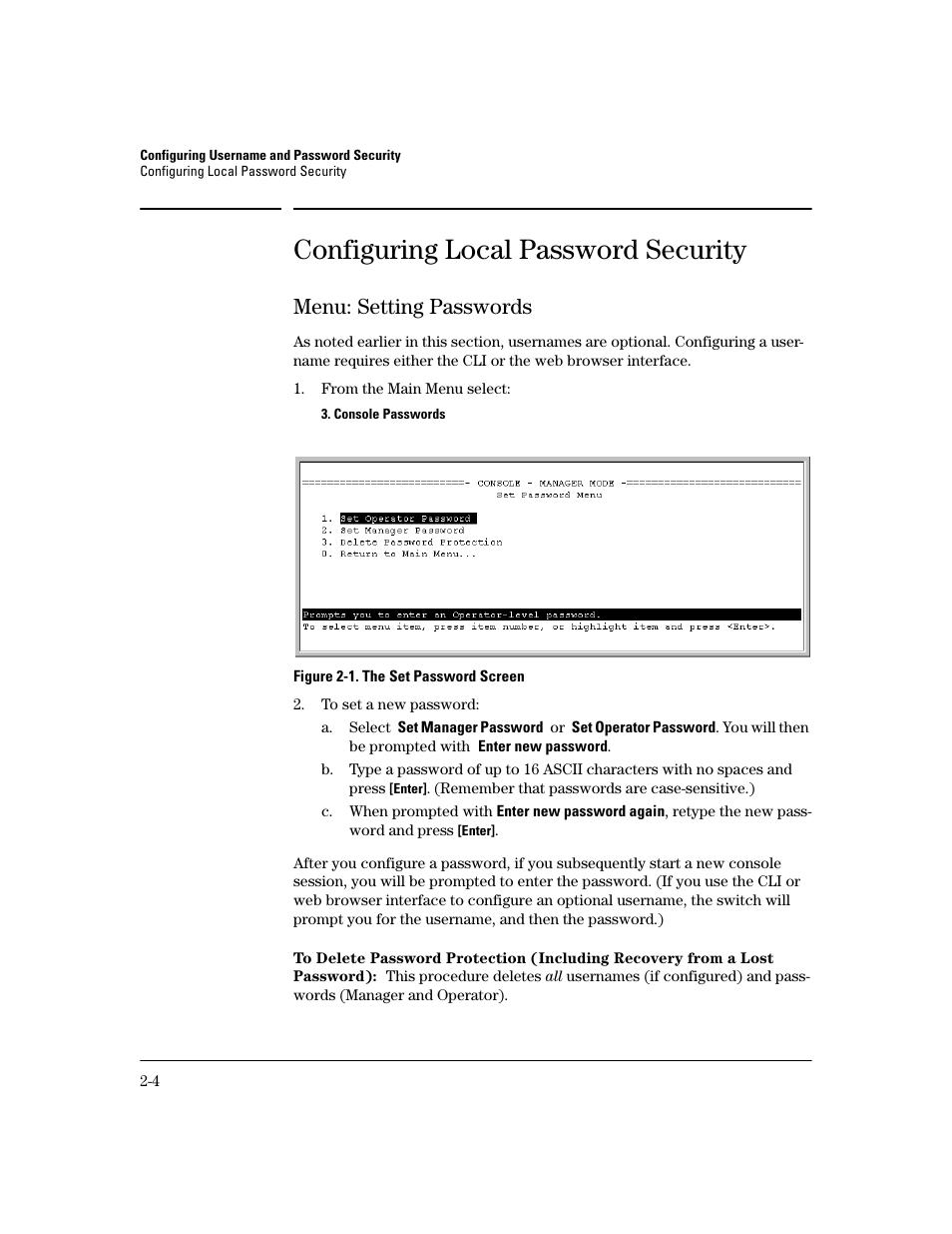 Configuring local password security, Menu: setting passwords, Configuring local password security -4 | Menu: setting passwords -4 | HP 2600 Series User Manual | Page 30 / 306