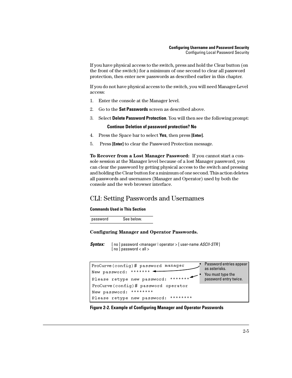 Cli: setting passwords and usernames, Cli: setting passwords and usernames -5 | HP 2600 Series User Manual | Page 31 / 306