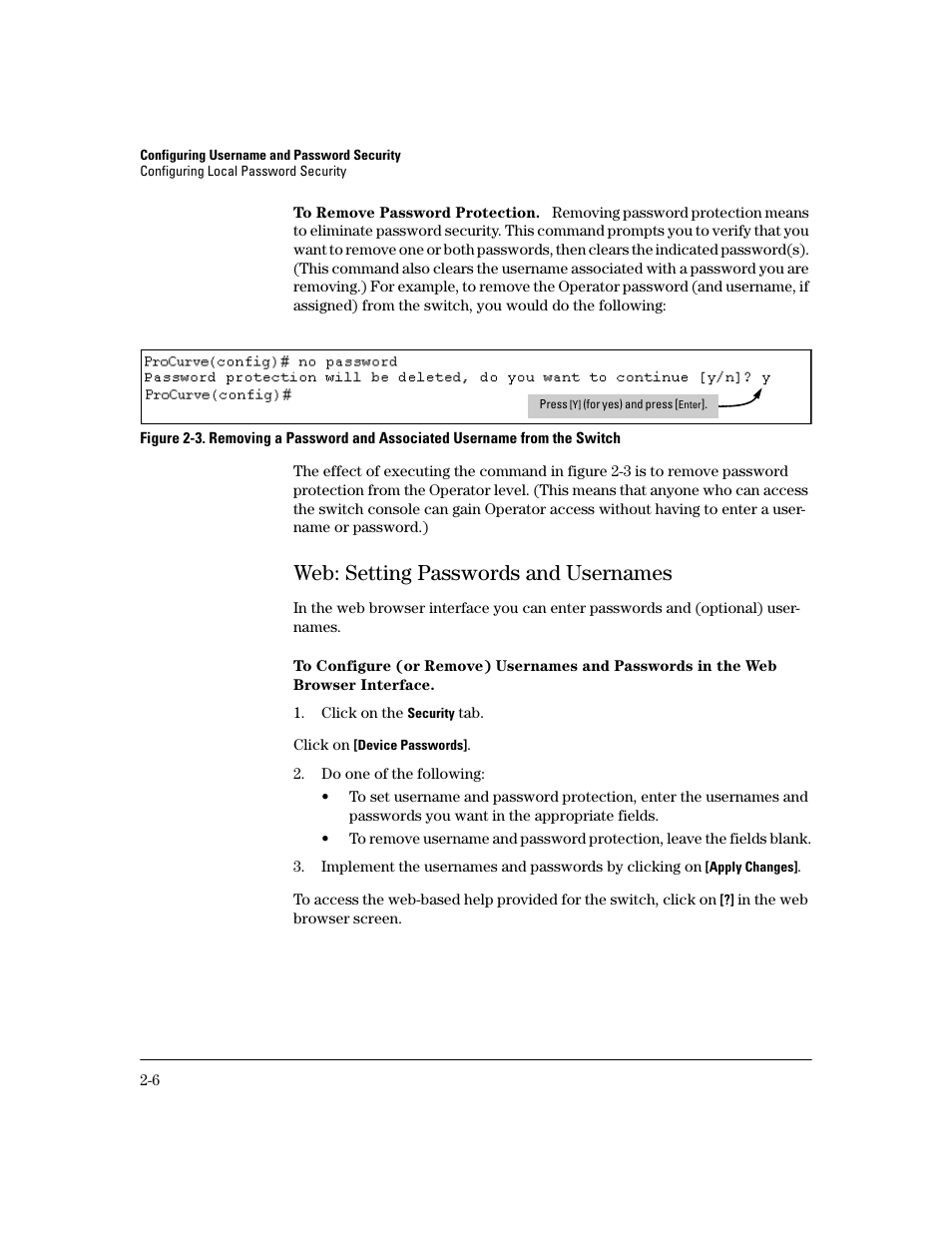 Web: setting passwords and usernames, Web: setting passwords and usernames -6 | HP 2600 Series User Manual | Page 32 / 306