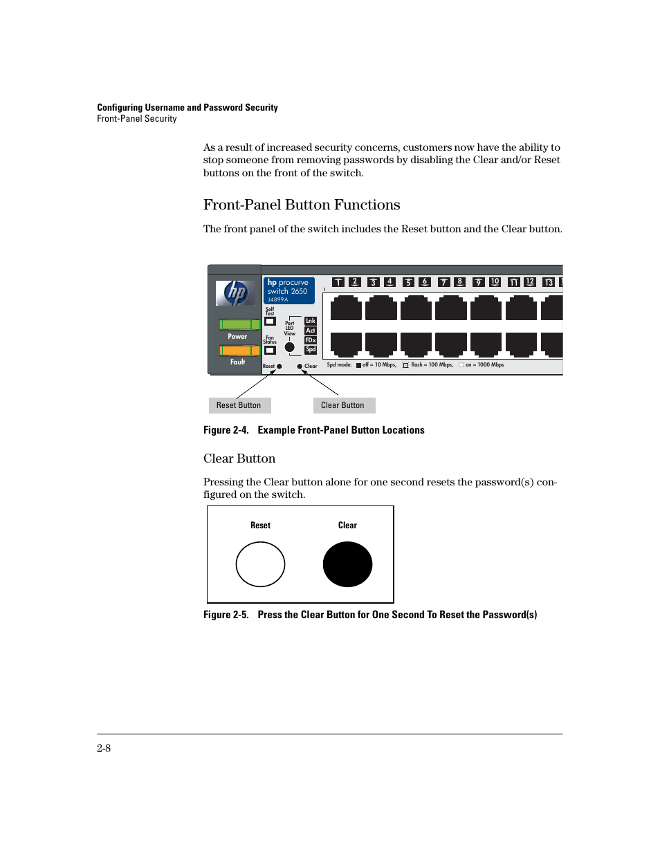 Front-panel button functions, Clear button, Front-panel button functions -8 | Reset clear | HP 2600 Series User Manual | Page 34 / 306