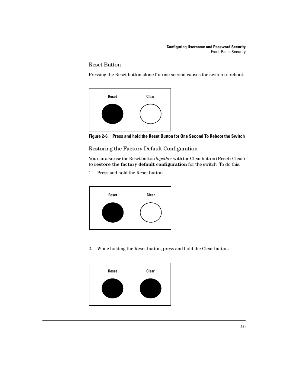 Reset button, Restoring the factory default configuration | HP 2600 Series User Manual | Page 35 / 306