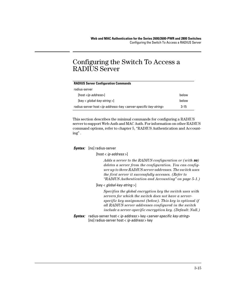 Configuring the switch to access a radius server | HP 2600 Series User Manual | Page 59 / 306