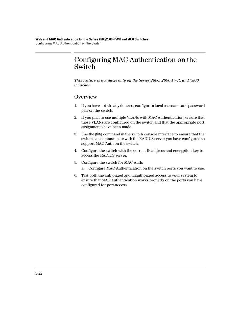 Configuring mac authentication on the switch, Overview, Configuring mac authentication on the switch -22 | Overview -22 | HP 2600 Series User Manual | Page 66 / 306