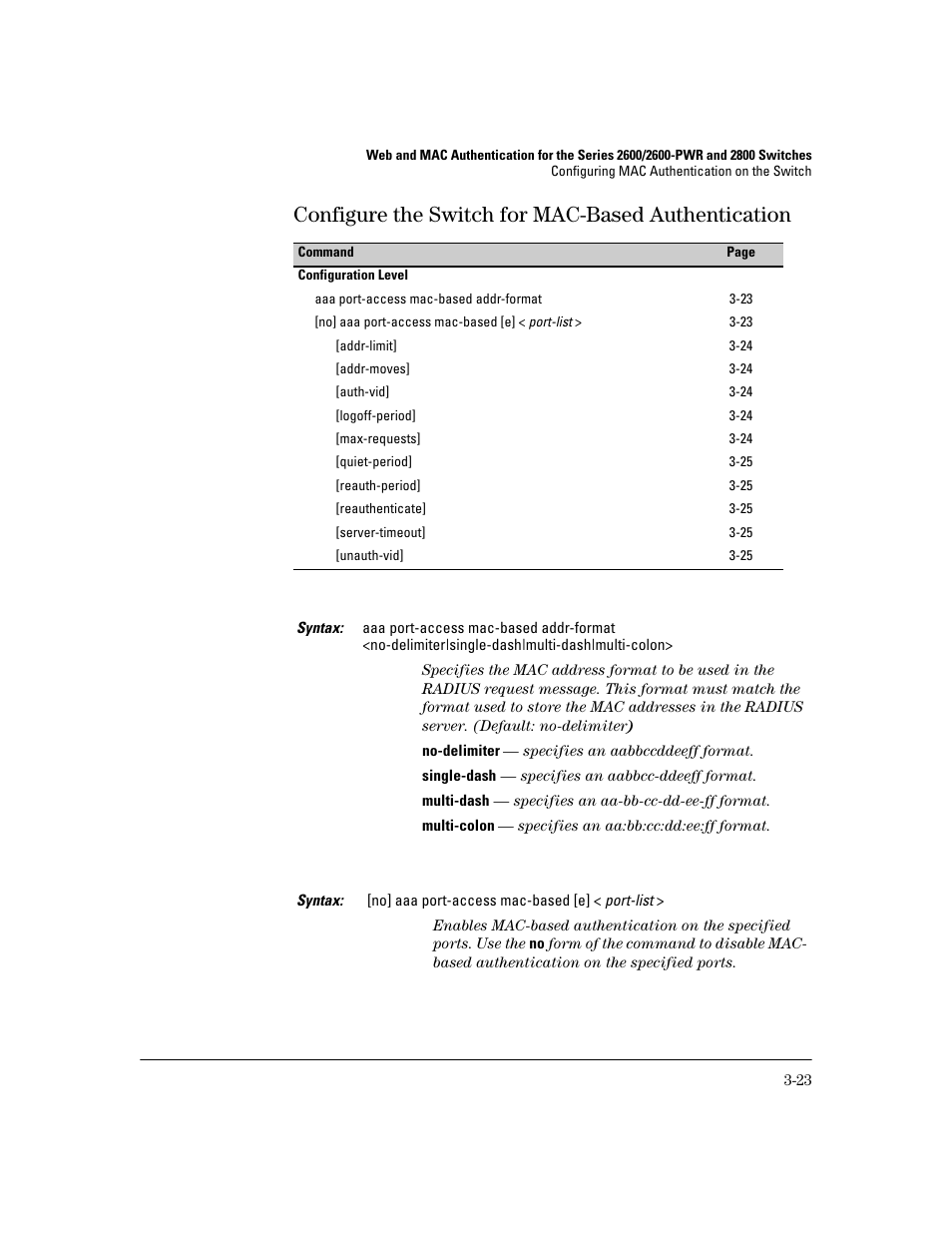 Configure the switch for mac-based authentication | HP 2600 Series User Manual | Page 67 / 306