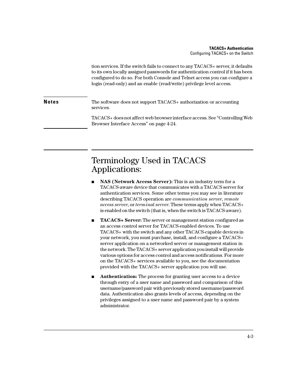 Terminology used in tacacs applications, Terminology used in tacacs applications: -3 | HP 2600 Series User Manual | Page 77 / 306