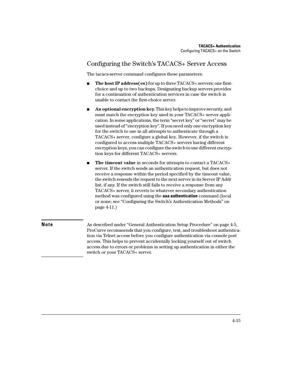 Configuring the switch’s tacacs+ server access, Configuring the switch’s tacacs+ server access -15 | HP 2600 Series User Manual | Page 89 / 306