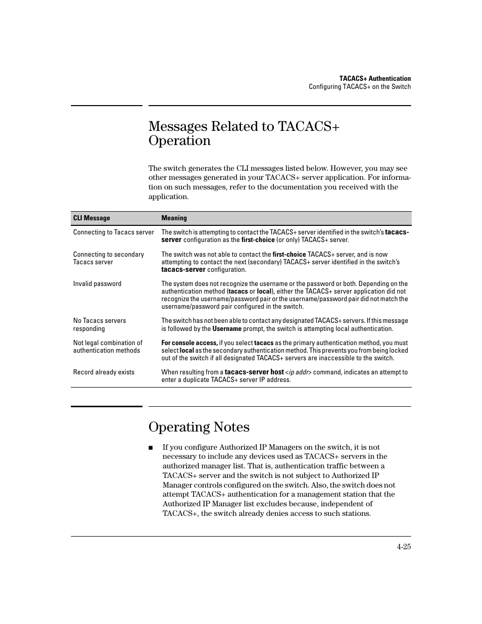 Messages related to tacacs+ operation, Operating notes, Messages related to tacacs+ operation -25 | Operating notes -25 | HP 2600 Series User Manual | Page 99 / 306