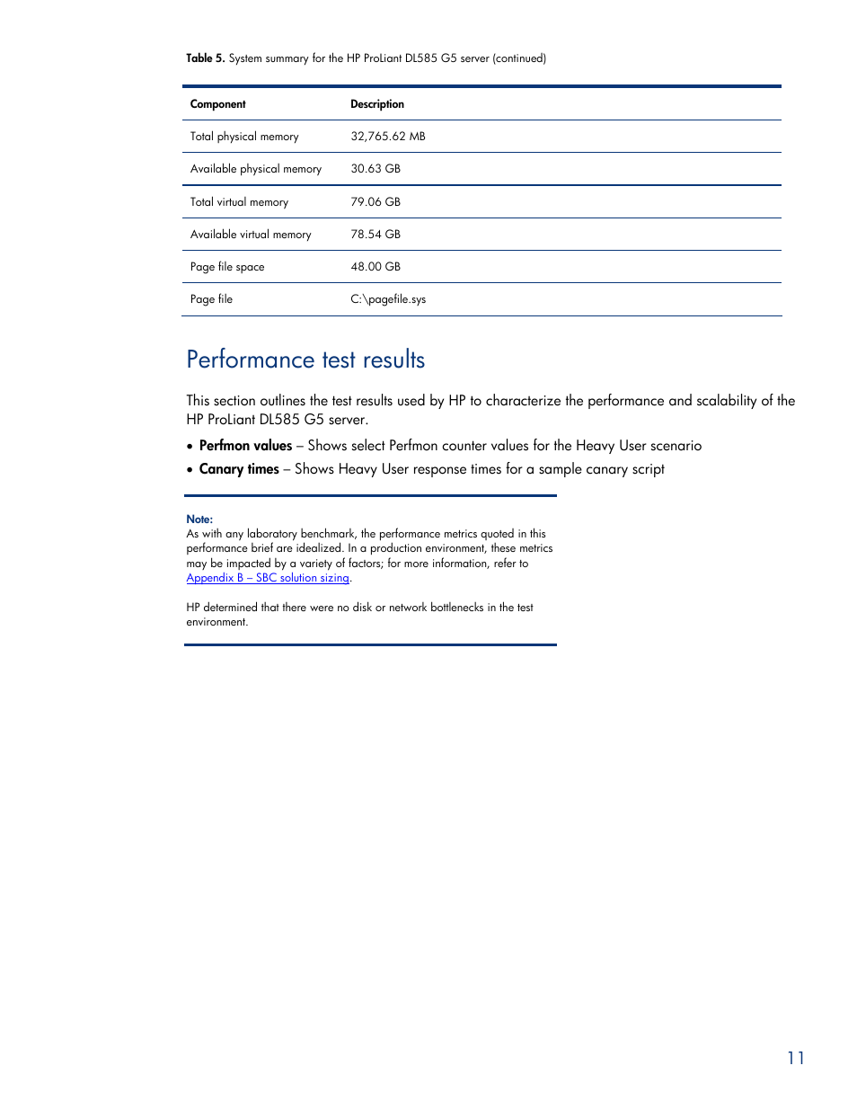 Performance test results | HP ProLiant DL585 G5 User Manual | Page 11 / 19