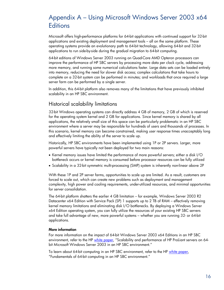 Historical scalability limitations, More information, Appendix a – using microsoft windows server 2003 | X64 editions | HP ProLiant DL585 G5 User Manual | Page 16 / 19